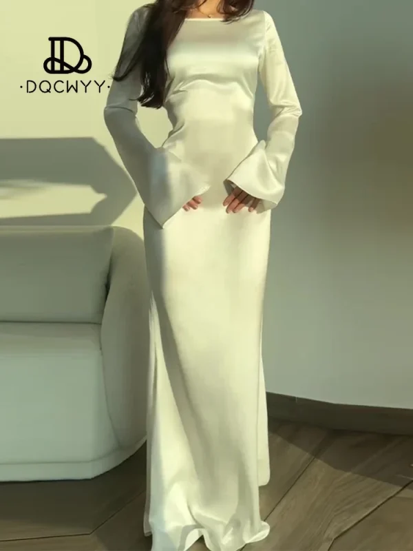 Womens Dress 2024 Long Dresses White Slightly Transparent Round Neck Satin Flare Sleeve Lace Up Evening Party Dresses Sexy Dress - Image 3