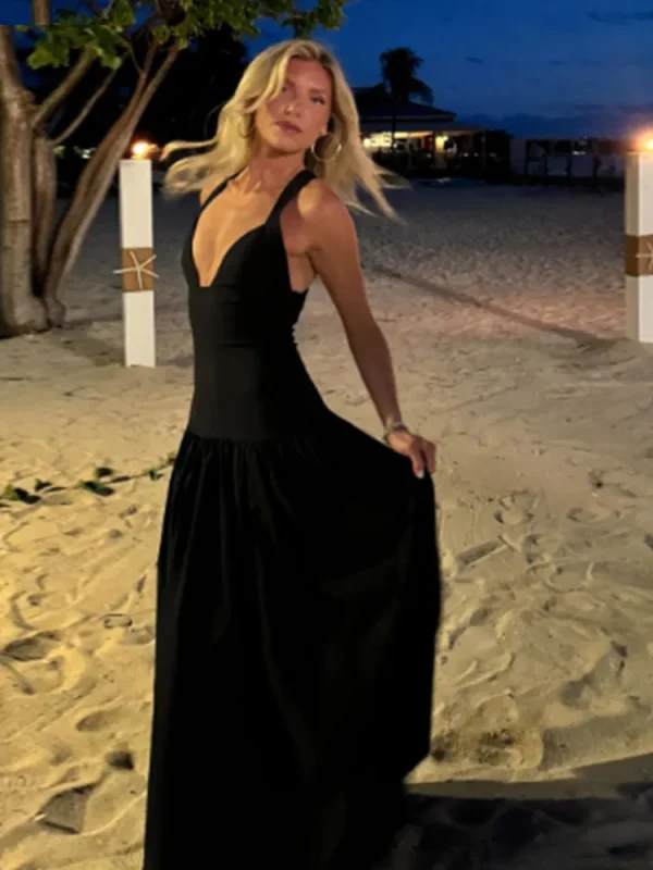 Elegant High Collar A-line Maxi Dress For Women Fashion Solid Pleated Slim Long Dresses 2024 New Lady Evening Party Prom Gowns - Image 6
