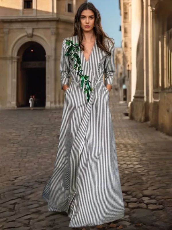 Freeacy Women's Striped Dress V-neck Long Sleeves High Waist Printed A-line Shirt Dresses Spring and Summer Fashion Party Dress