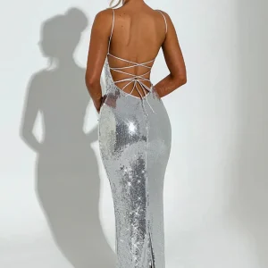 Sexy Sequin Backless Bandage Long Dress Women's Shiny Sleeveless Luxury Silver Dresses Evening Prom Party Birthday Gold Cocktail
