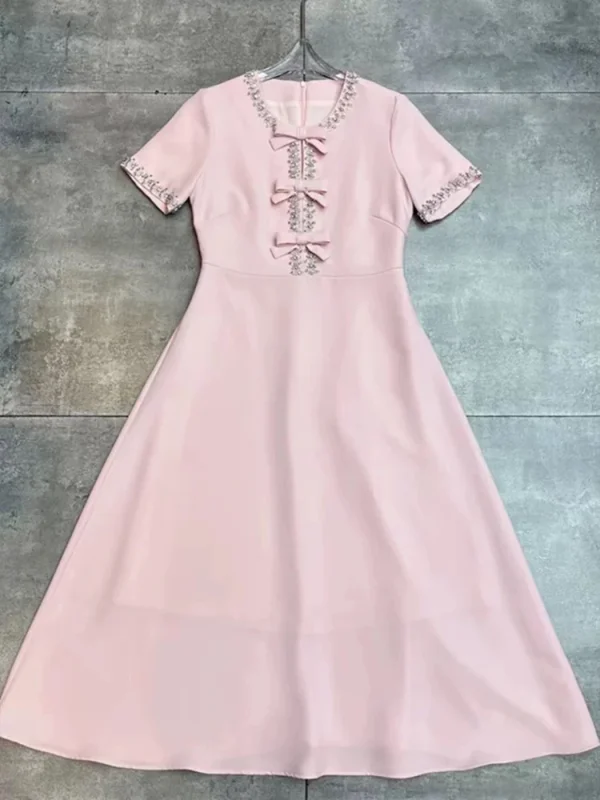 Heavy industry luxury diamond bow short sleeve dress high waist long skirt 2024 autumn women's new big swing A-line skirt - Image 3