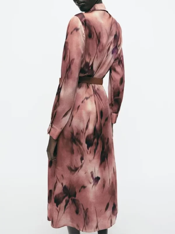 European style new women's fashion French style with belt waist slimming long sleeve satin texture dress - Image 2