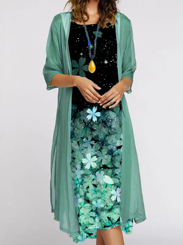 2024 Europe and the United States autumn new women's long dress two-piece set of floral print round neck suit petticoat - Image 2